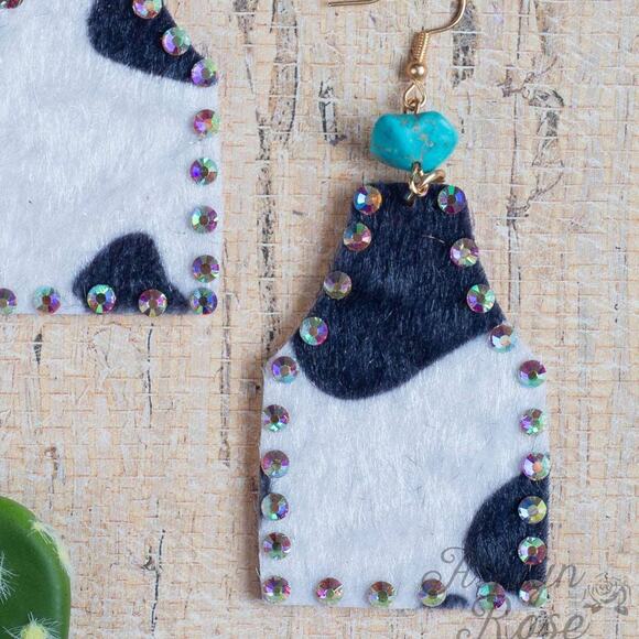 Cow Print Tag Dangle Earrings with Aurora Borealis Crystals - Picture 2 of 2